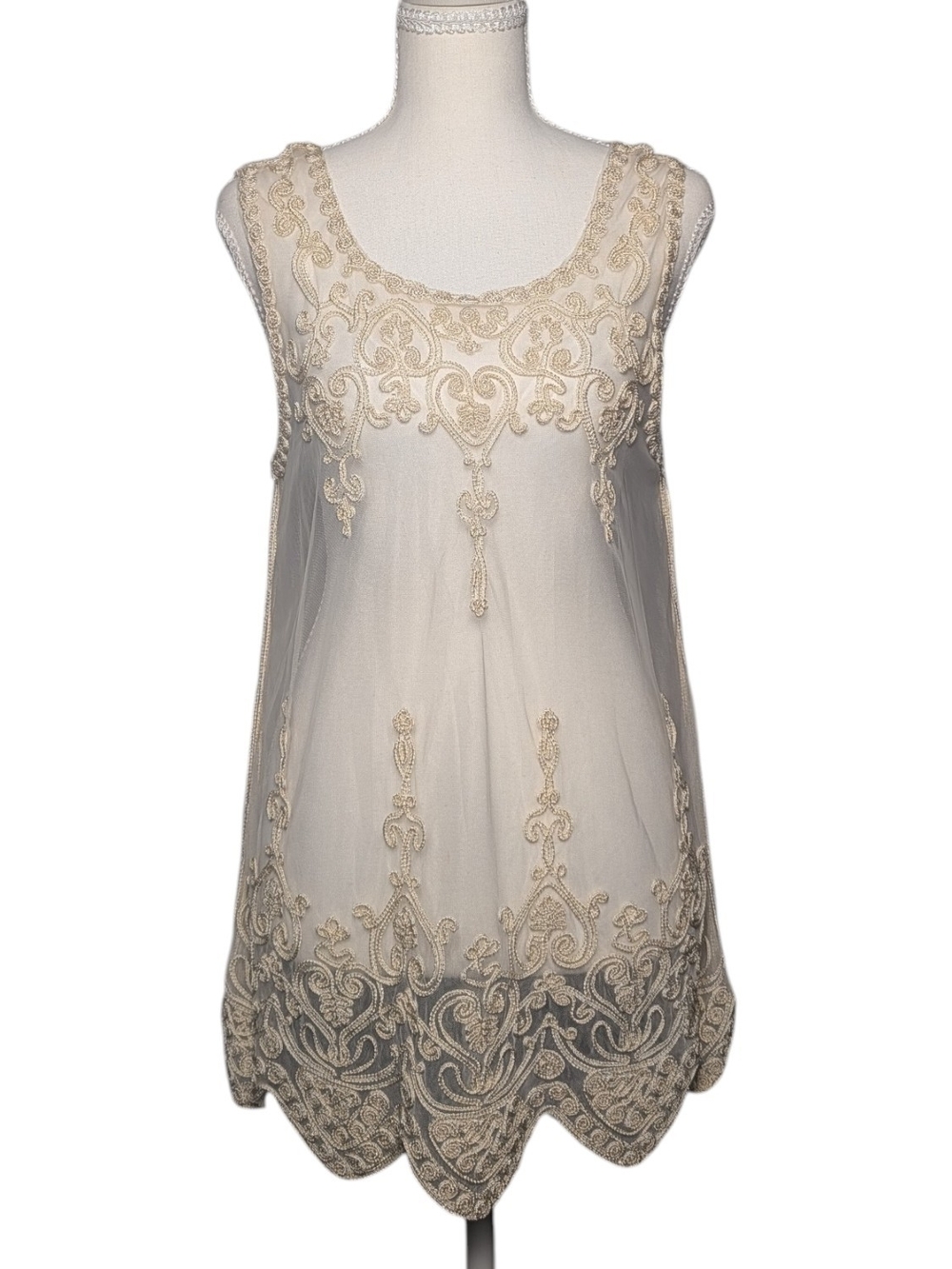 Embroidered Cream Mesh Sleeveless Camisole
